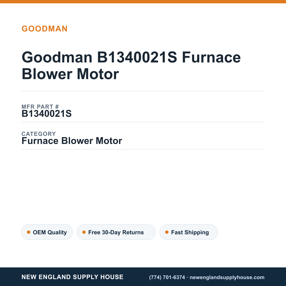 Goodman B1340021S Furnace Blower Motor — New England Supply House spec card [NESH-SPEC-CARD-V2]