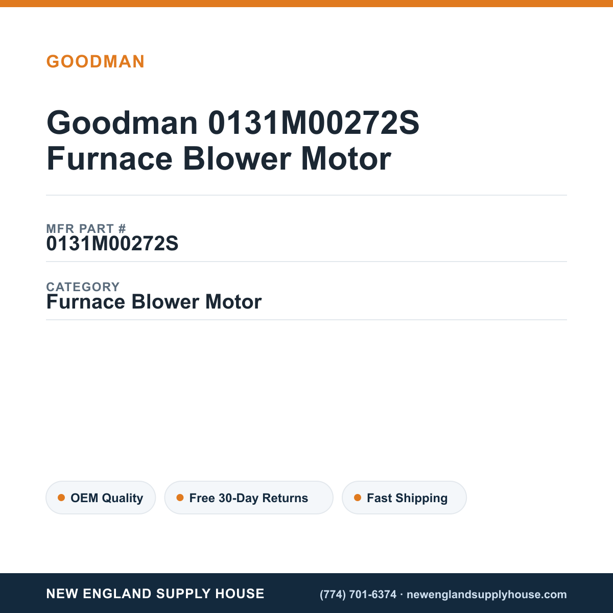 Goodman 0131M00272S Furnace Blower Motor — New England Supply House spec card [NESH-SPEC-CARD-V2]