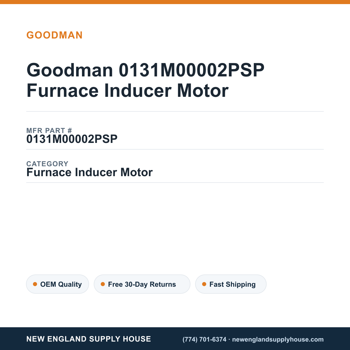 Goodman 0131M00002PSP Furnace Inducer Motor — New England Supply House spec card [NESH-SPEC-CARD-V2]