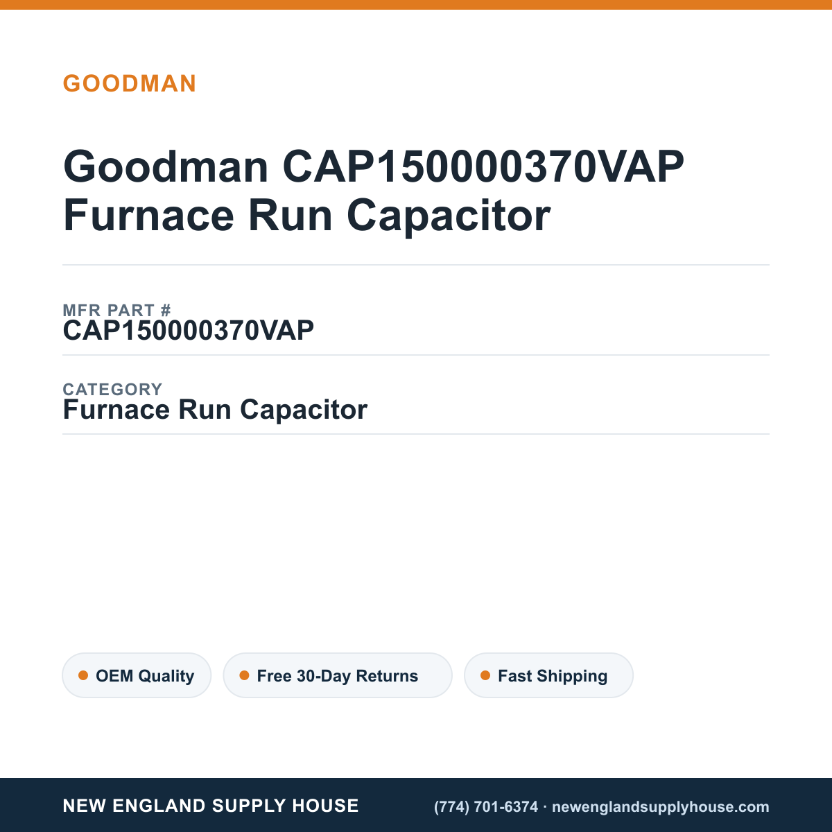 Goodman CAP150000370VAP Furnace Run Capacitor — New England Supply House spec card [NESH-SPEC-CARD-V2]