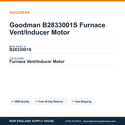 Goodman B2833001S Furnace Vent/Inducer Motor — New England Supply House spec card [NESH-SPEC-CARD-V2]