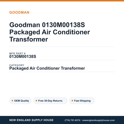 Goodman 0130M00138S Packaged Air Conditioner Transformer — New England Supply House spec card [NESH-SPEC-CARD-V2]