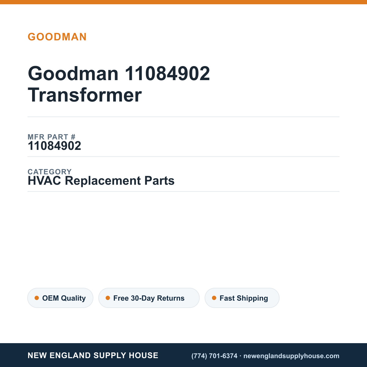 Goodman 11084902 Transformer — New England Supply House spec card [NESH-SPEC-CARD-V2]