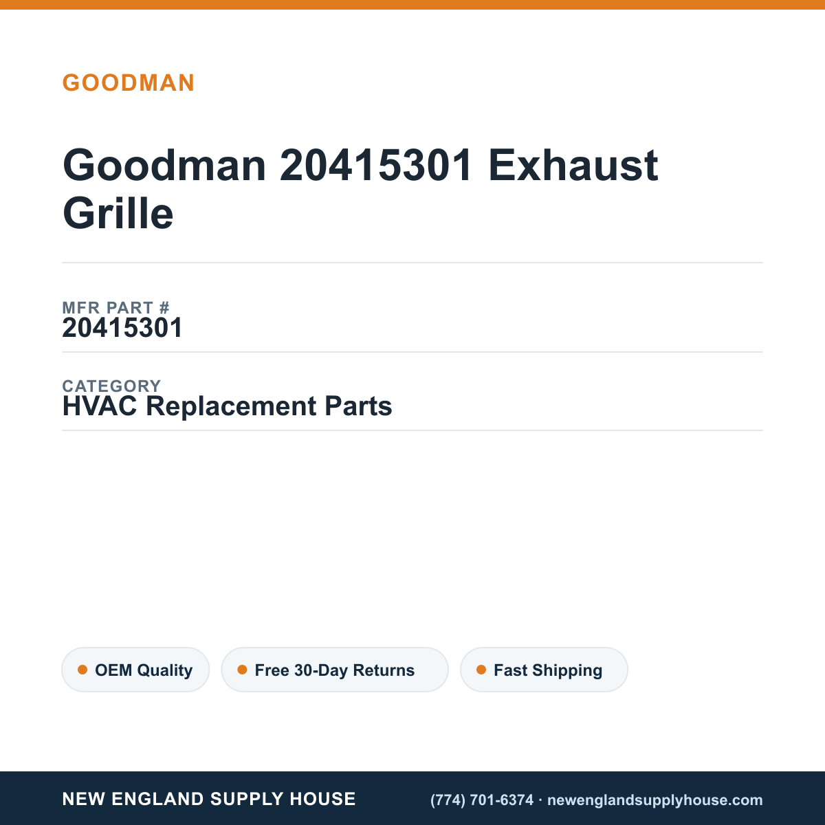 Goodman 20415301 Exhaust Grille — New England Supply House spec card [NESH-SPEC-CARD-V2]