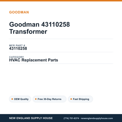 Goodman 43110258 Transformer — New England Supply House spec card [NESH-SPEC-CARD-V2]