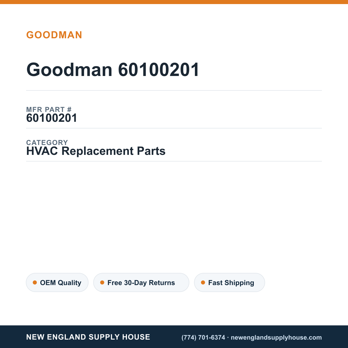 Goodman 60100201 — New England Supply House spec card [NESH-SPEC-CARD-V2]