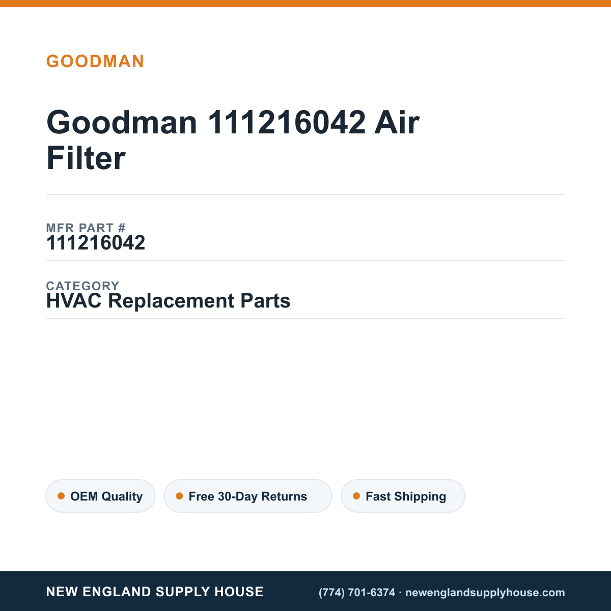 Goodman 111216042 Air Filter — New England Supply House spec card [NESH-SPEC-CARD-V2]