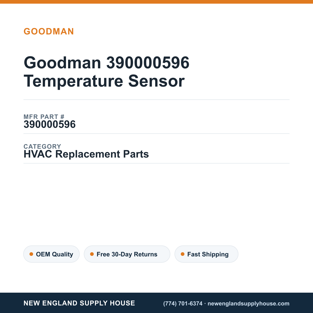 Goodman 390000596 Temperature Sensor — New England Supply House spec card [NESH-SPEC-CARD-V2]