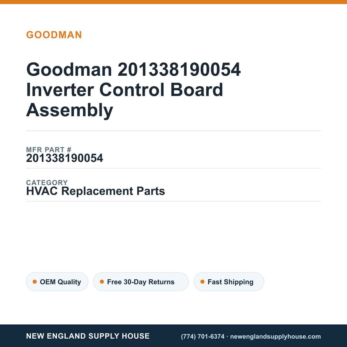 Goodman 201338190054 Inverter Control Board Assembly — New England Supply House spec card [NESH-SPEC-CARD-V2]