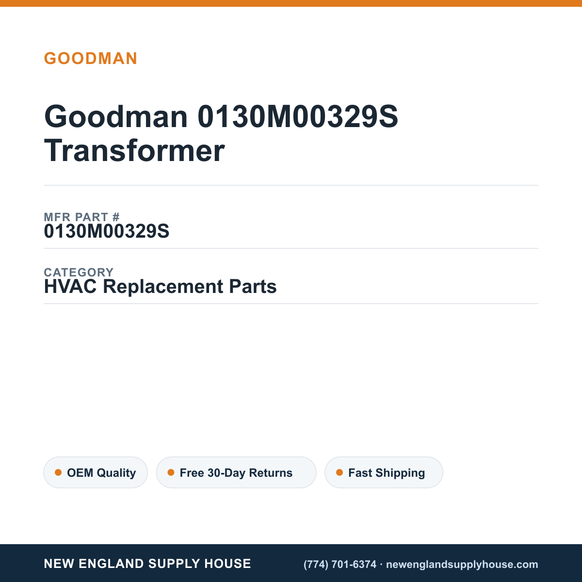 Goodman 0130M00329S Transformer — New England Supply House spec card [NESH-SPEC-CARD-V2]