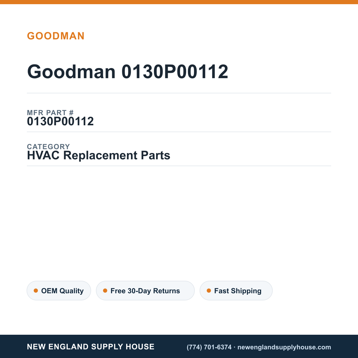 Goodman 0130P00112 — New England Supply House spec card [NESH-SPEC-CARD-V2]