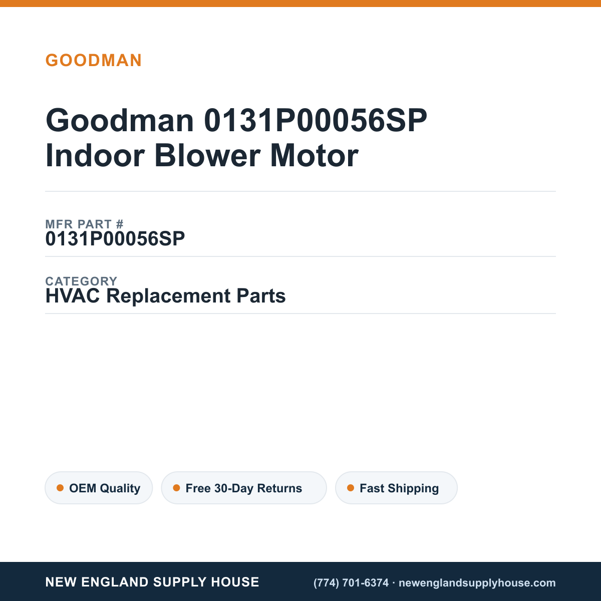 Goodman 0131P00056SP Indoor Blower Motor — New England Supply House spec card [NESH-SPEC-CARD-V2]