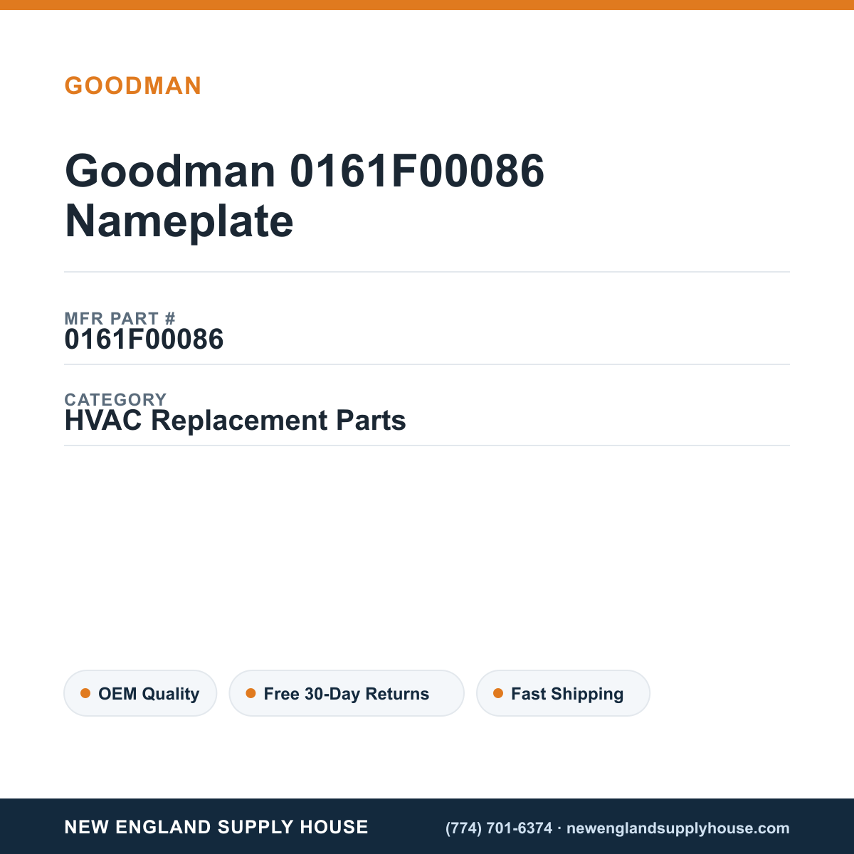 Goodman 0161F00086 Nameplate — New England Supply House spec card [NESH-SPEC-CARD-V2]