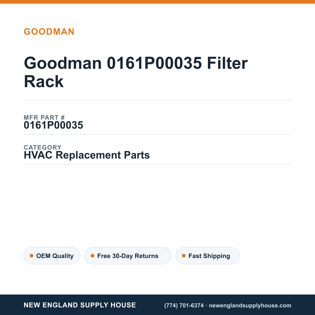Goodman 0161P00035 Filter Rack — New England Supply House spec card [NESH-SPEC-CARD-V2]