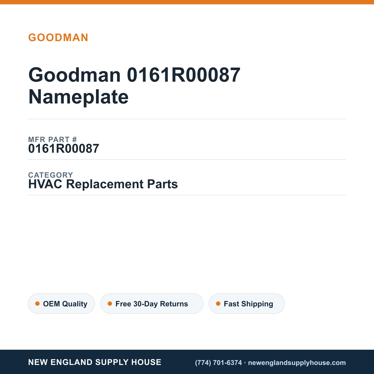 Goodman 0161R00087 Nameplate — New England Supply House spec card [NESH-SPEC-CARD-V2]