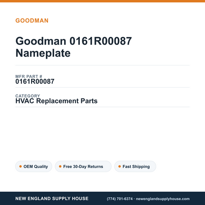 Goodman 0161R00087 Nameplate — New England Supply House spec card [NESH-SPEC-CARD-V2]