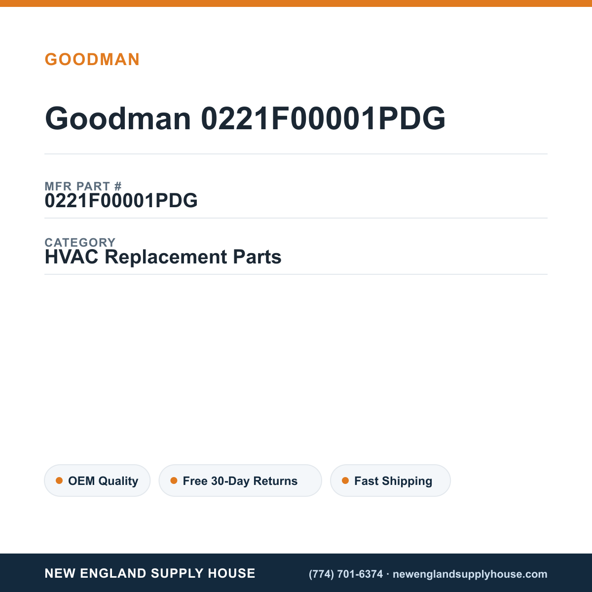 Goodman 0221F00001PDG — New England Supply House spec card [NESH-SPEC-CARD-V2]