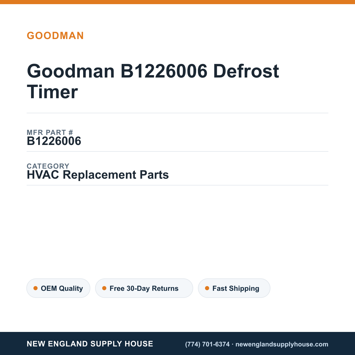 Goodman B1226006 Defrost Timer — New England Supply House spec card [NESH-SPEC-CARD-V2]