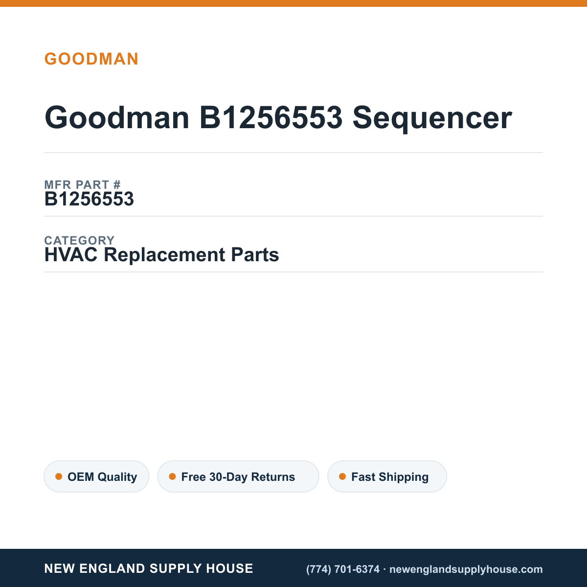 Goodman B1256553 Sequencer — New England Supply House spec card [NESH-SPEC-CARD-V2]