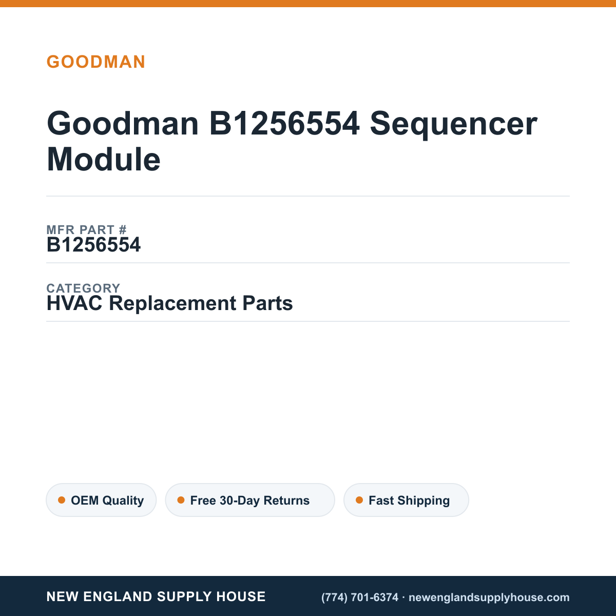 Goodman B1256554 Sequencer Module — New England Supply House spec card [NESH-SPEC-CARD-V2]