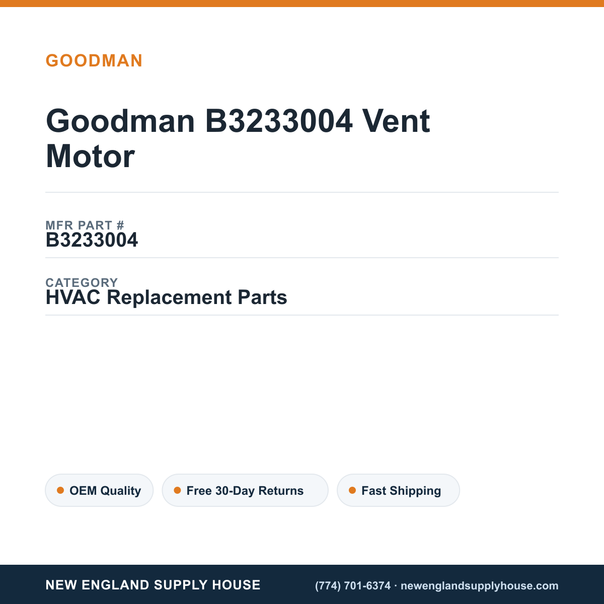 Goodman B3233004 Vent Motor — New England Supply House spec card [NESH-SPEC-CARD-V2]