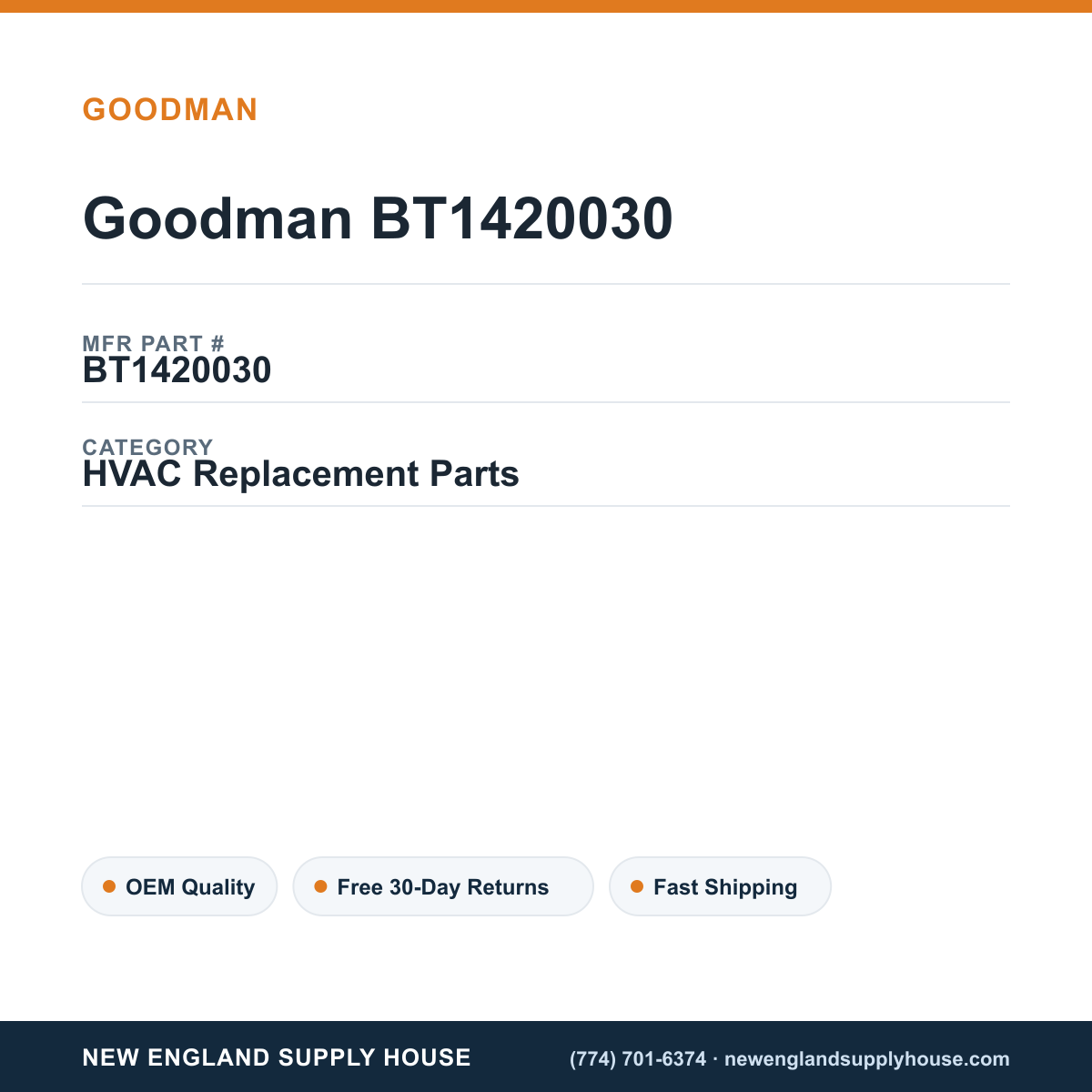 Goodman BT1420030 — New England Supply House spec card [NESH-SPEC-CARD-V2]