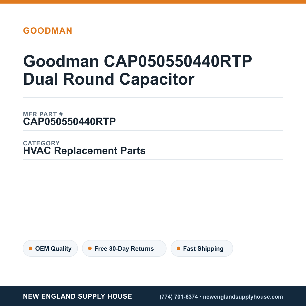 Goodman CAP050550440RTP Dual Round Capacitor — New England Supply House spec card [NESH-SPEC-CARD-V2]
