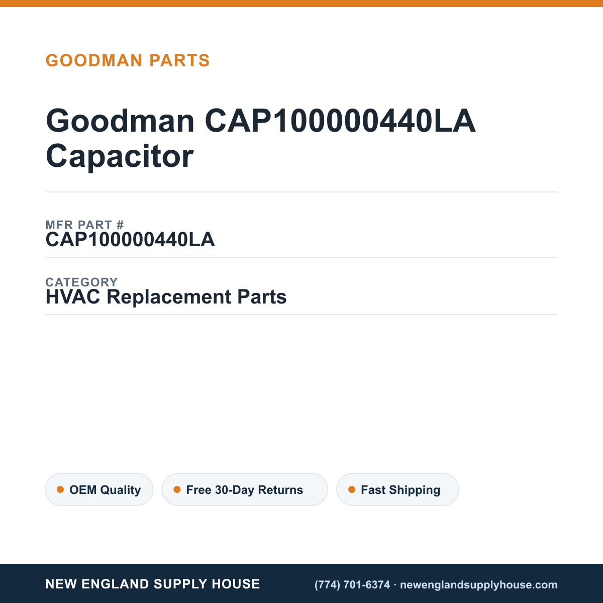 Goodman CAP100000440LA Capacitor — New England Supply House spec card [NESH-SPEC-CARD-V2]