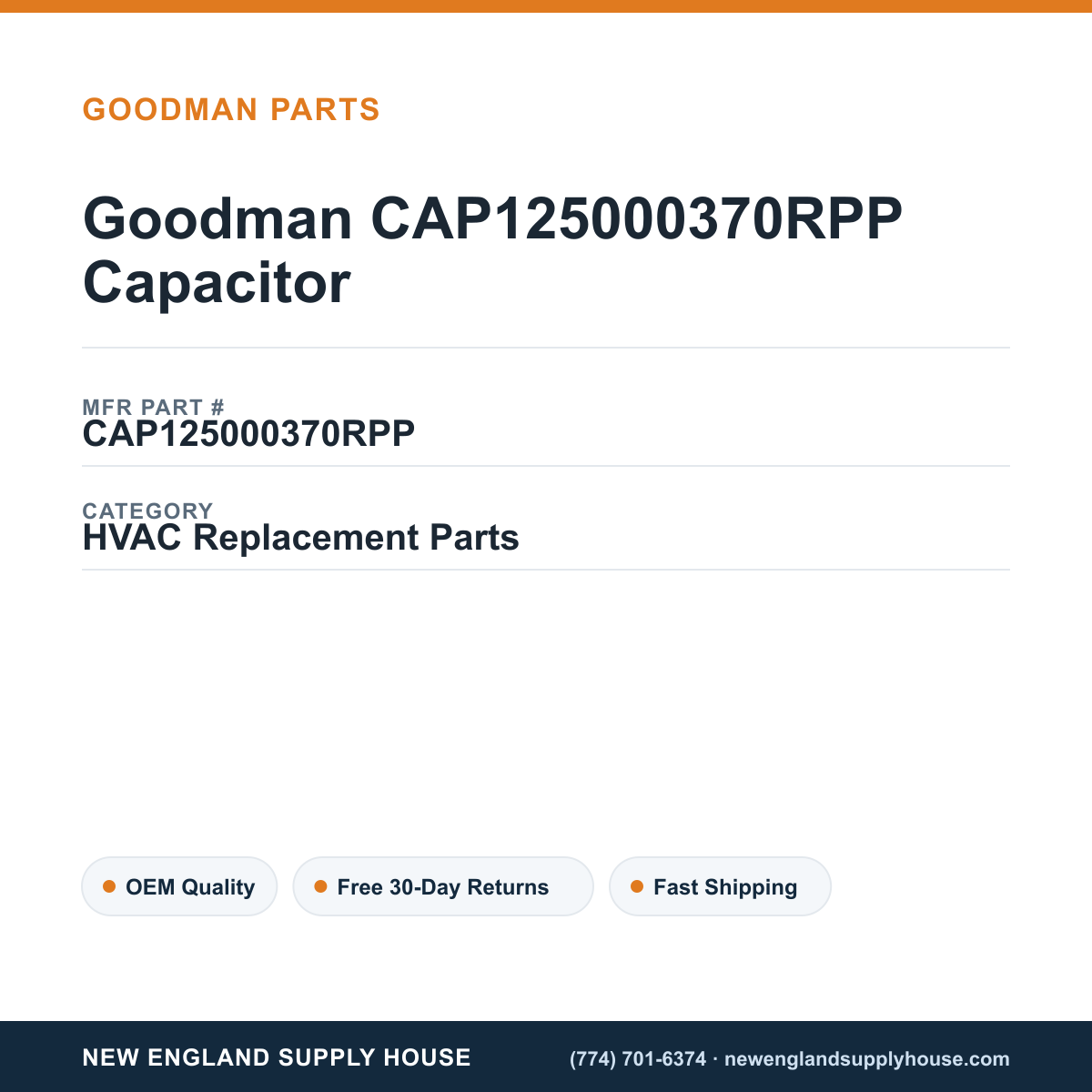 Goodman CAP125000370RPP Capacitor — New England Supply House spec card [NESH-SPEC-CARD-V2]