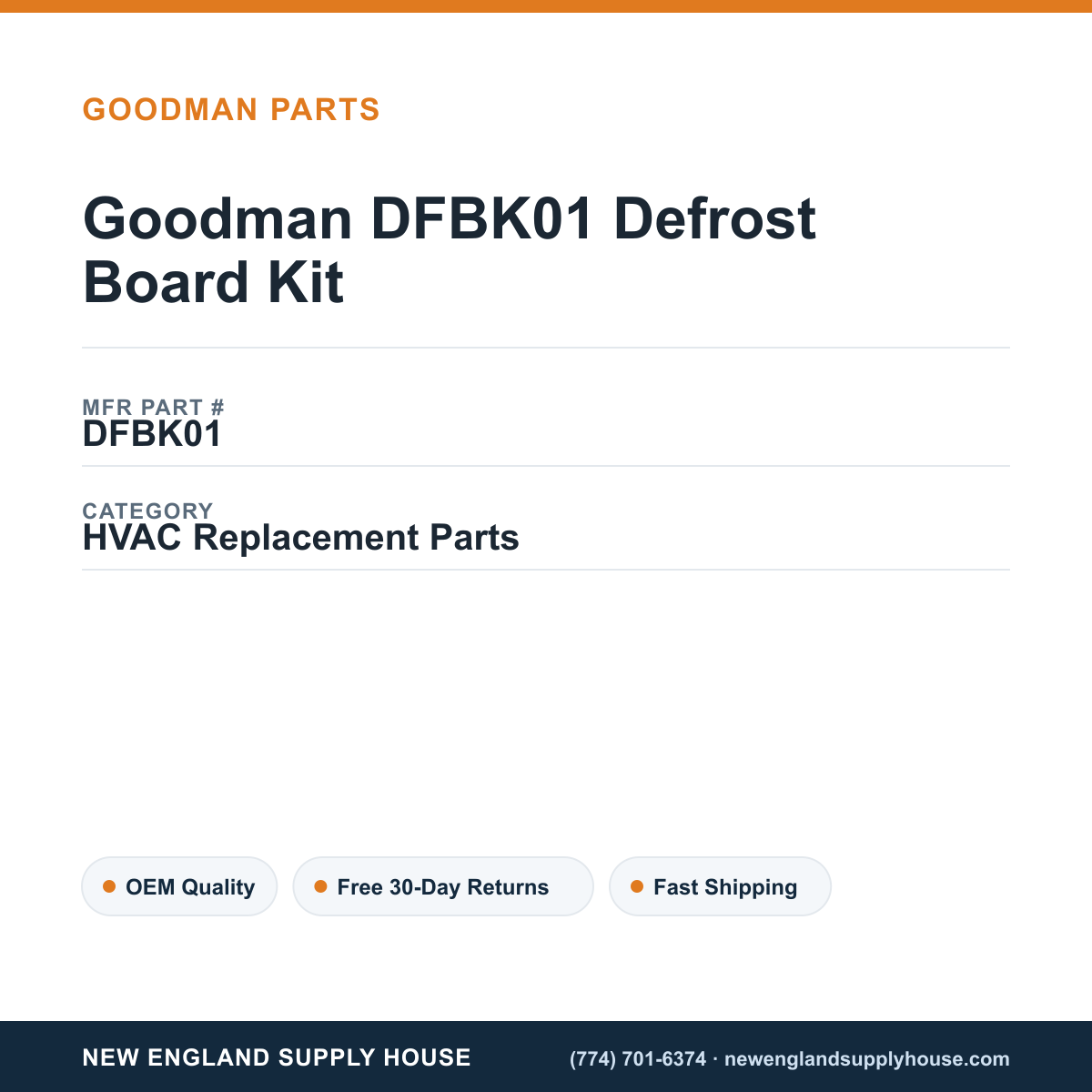 Goodman DFBK01 Defrost Board Kit — New England Supply House spec card [NESH-SPEC-CARD-V2]