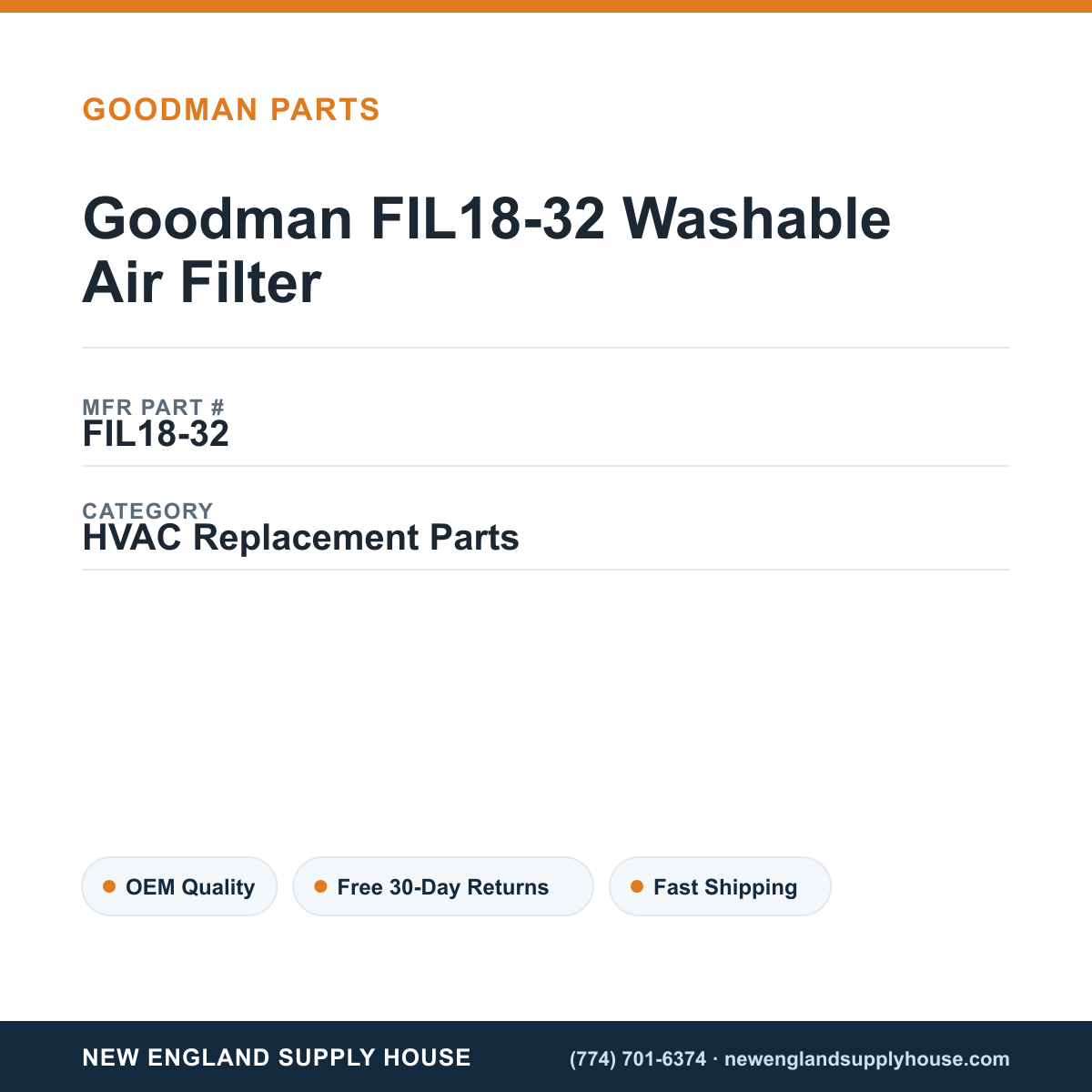 Goodman FIL18-32 Washable Air Filter — New England Supply House spec card [NESH-SPEC-CARD-V2]
