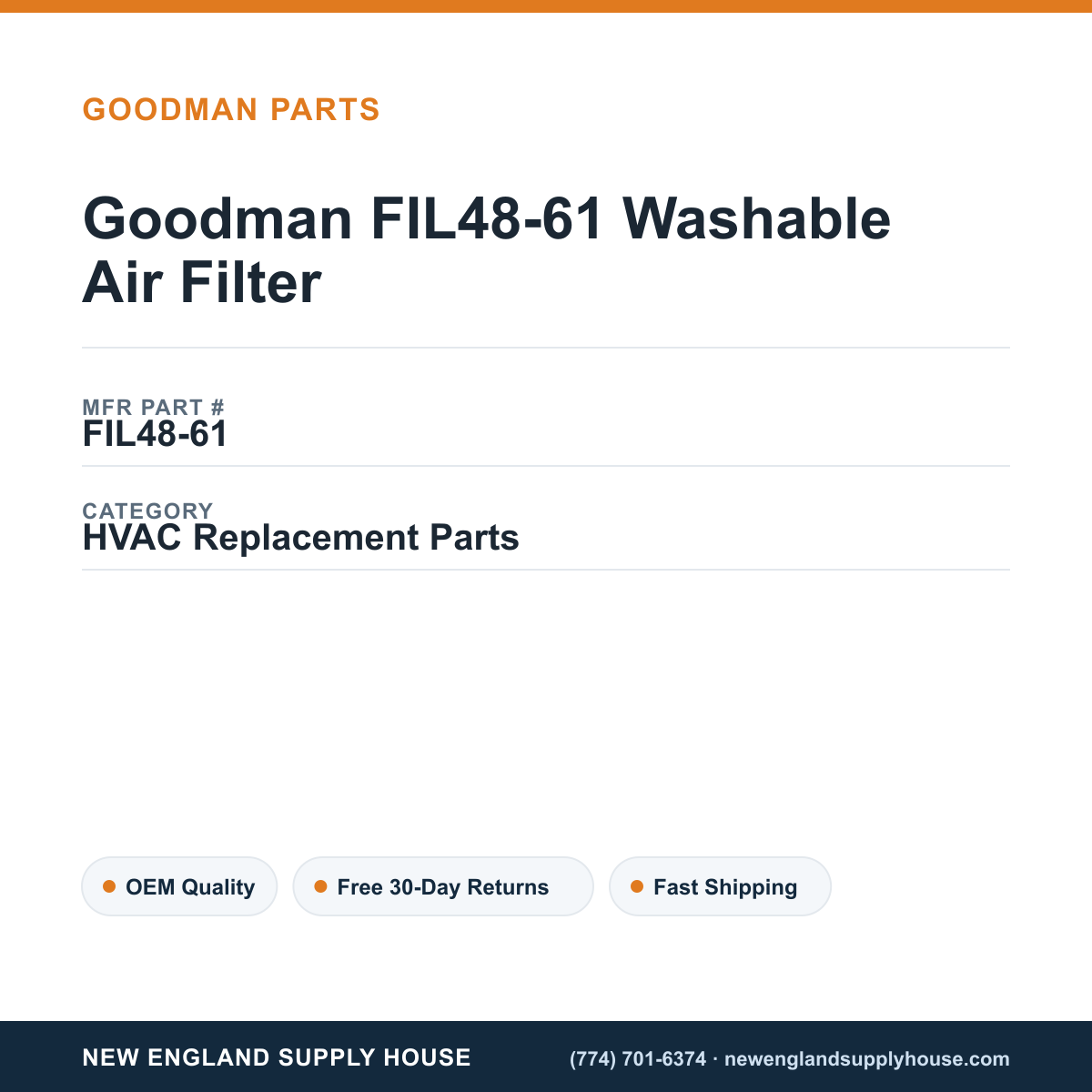 Goodman FIL48-61 Washable Air Filter — New England Supply House spec card [NESH-SPEC-CARD-V2]