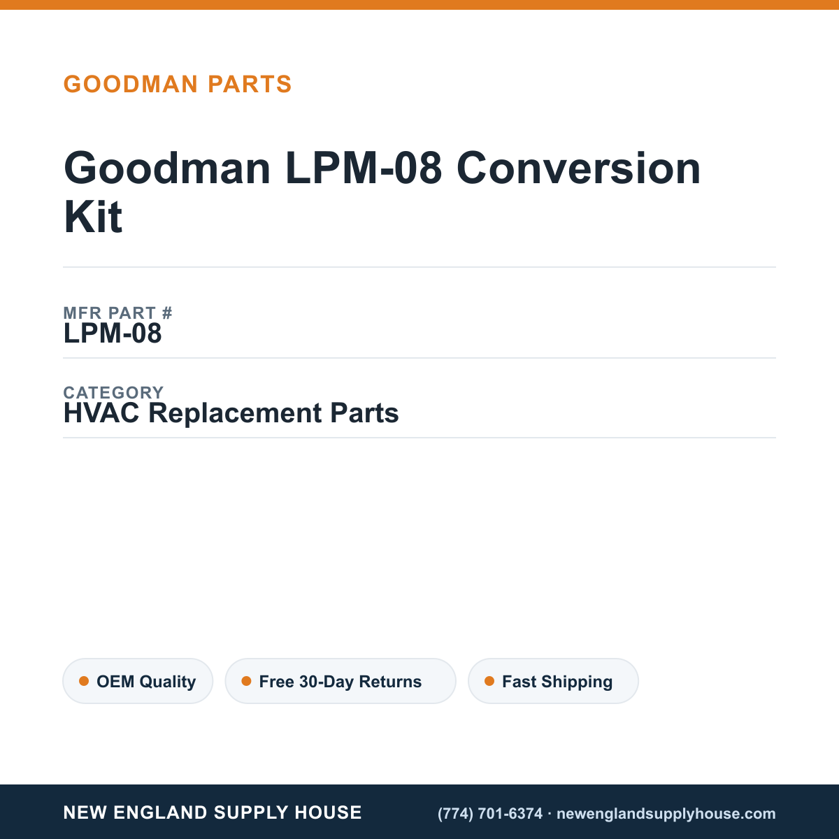 Goodman LPM-08 Conversion Kit — New England Supply House spec card [NESH-SPEC-CARD-V2]