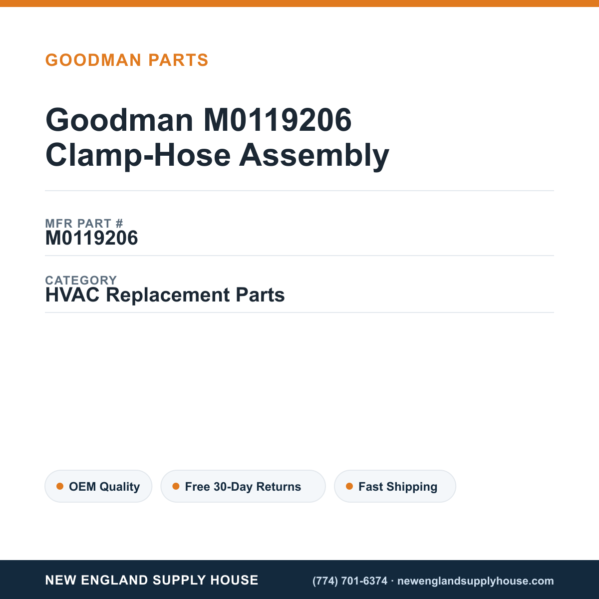 Goodman M0119206 Clamp-Hose Assembly — New England Supply House spec card [NESH-SPEC-CARD-V2]