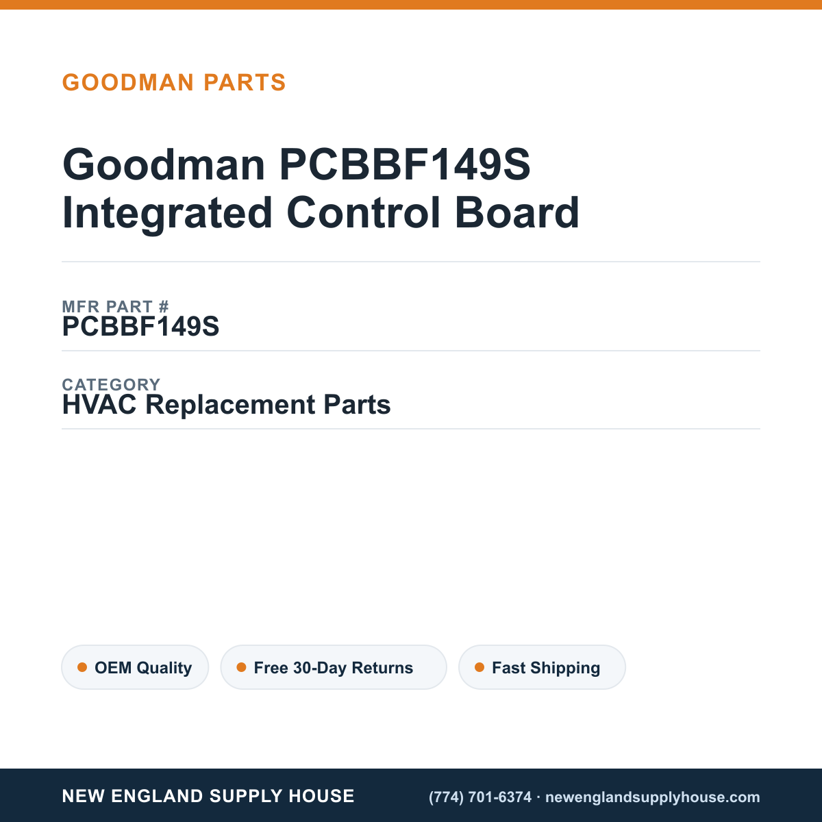 Goodman PCBBF149S Integrated Control Board — New England Supply House spec card [NESH-SPEC-CARD-V2]