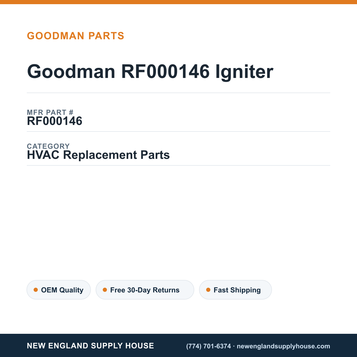 Goodman RF000146 Igniter — New England Supply House spec card [NESH-SPEC-CARD-V2]