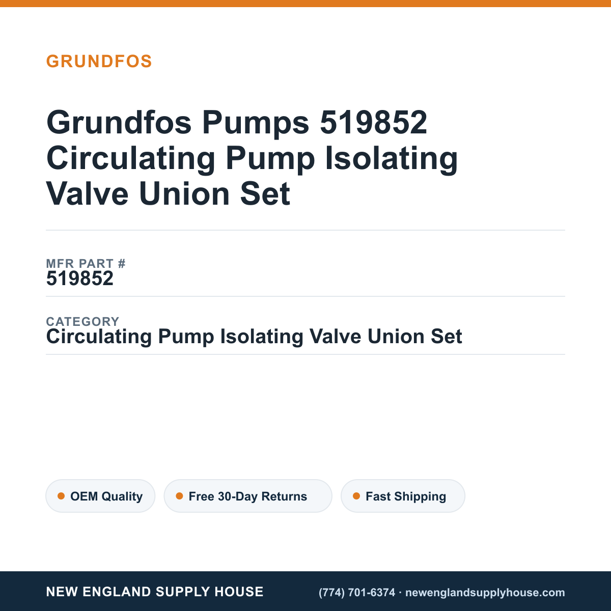 Grundfos Pumps 519852 Circulating Pump Isolating Valve Union Set — New England Supply House spec card [NESH-SPEC-CARD-V2]