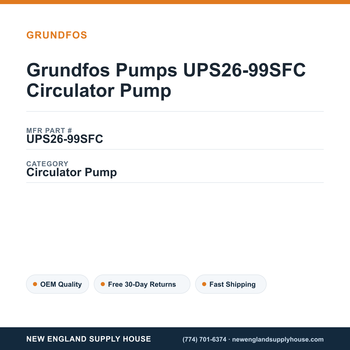 Grundfos Pumps UPS26-99SFC Circulator Pump — New England Supply House spec card [NESH-SPEC-CARD-V2]