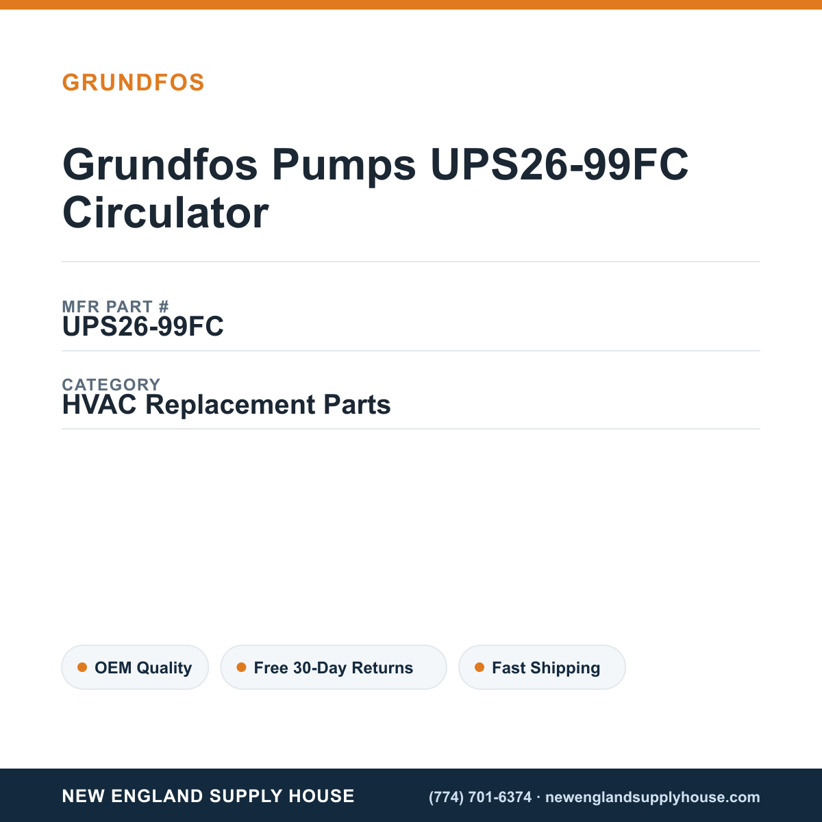 Grundfos Pumps UPS26-99FC Circulator — New England Supply House spec card [NESH-SPEC-CARD-V2]