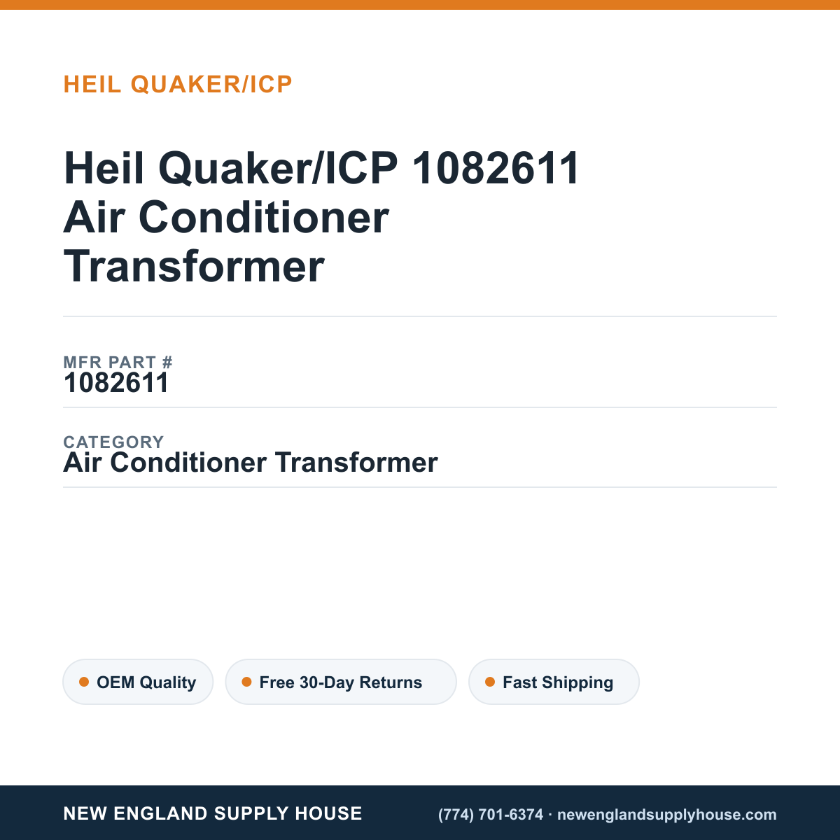 Heil Quaker/ICP 1082611 Air Conditioner Transformer — New England Supply House spec card [NESH-SPEC-CARD-V2]