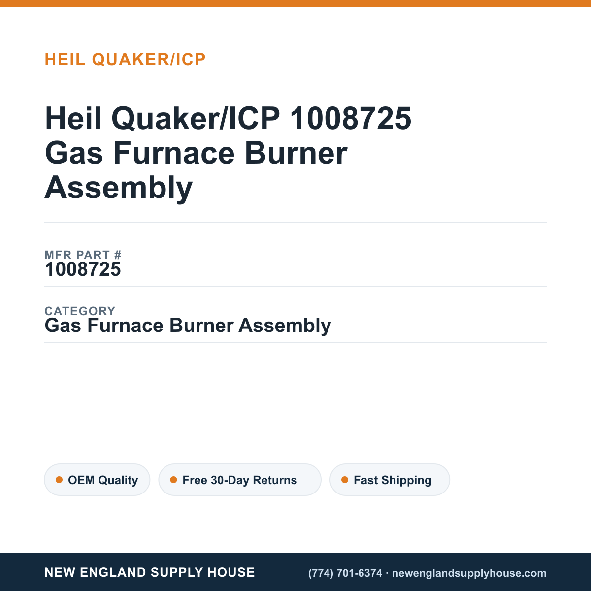 Heil Quaker/ICP 1008725 Gas Furnace Burner Assembly — New England Supply House spec card [NESH-SPEC-CARD-V2]
