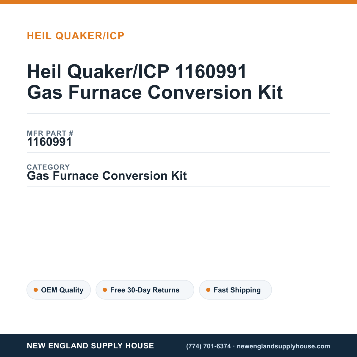 Heil Quaker/ICP 1160991 Gas Furnace Conversion Kit — New England Supply House spec card [NESH-SPEC-CARD-V2]