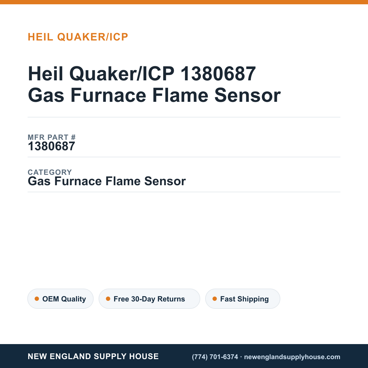 Heil Quaker/ICP 1380687 Gas Furnace Flame Sensor — New England Supply House spec card [NESH-SPEC-CARD-V2]