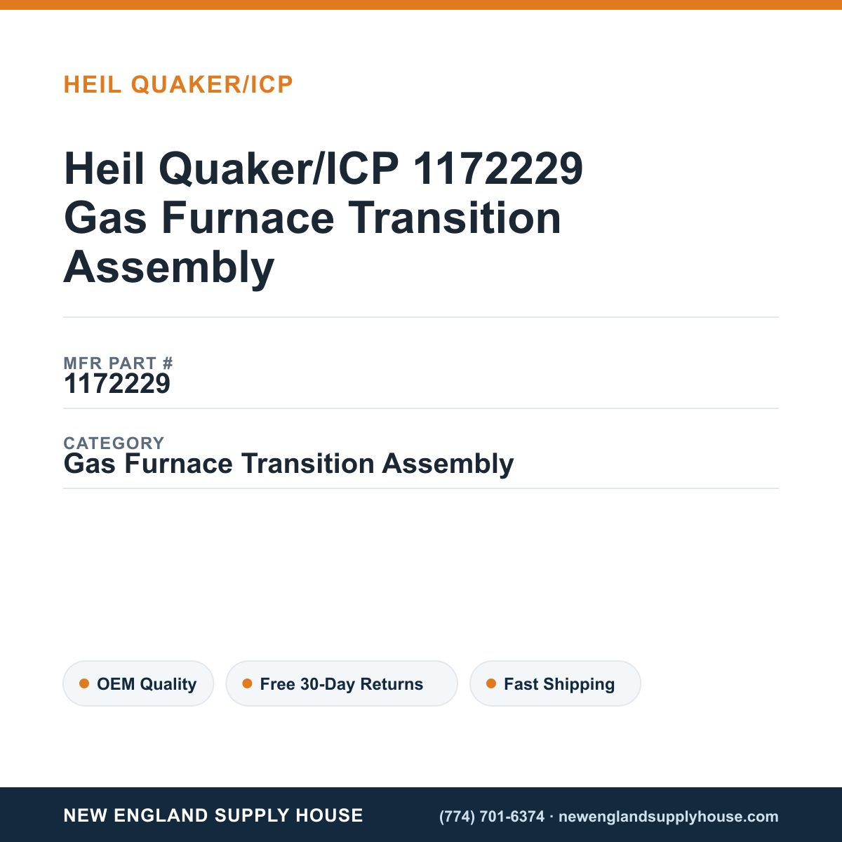 Heil Quaker/ICP 1172229 Gas Furnace Transition Assembly — New England Supply House spec card [NESH-SPEC-CARD-V2]