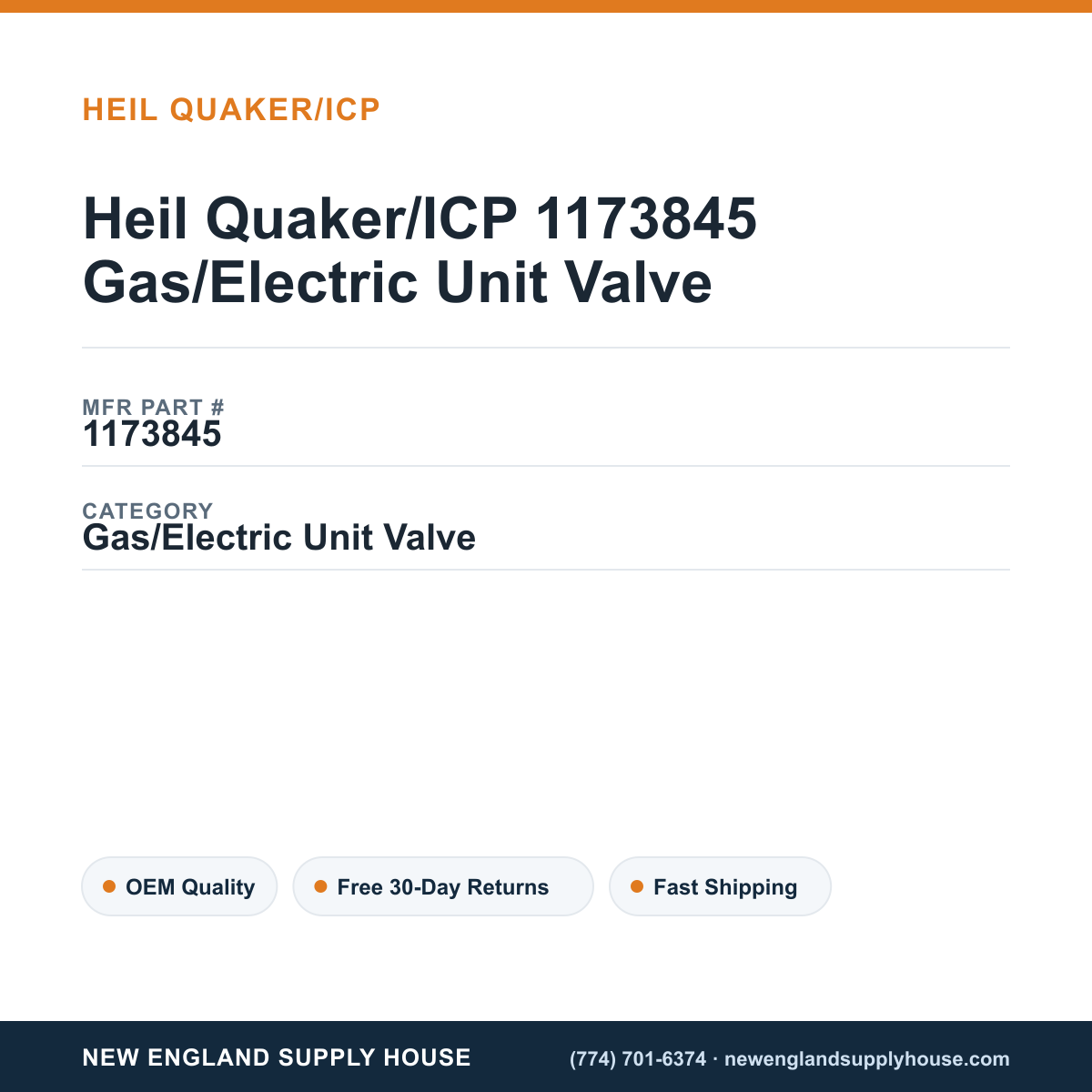 Heil Quaker/ICP 1173845 Gas/Electric Unit Valve — New England Supply House spec card [NESH-SPEC-CARD-V2]