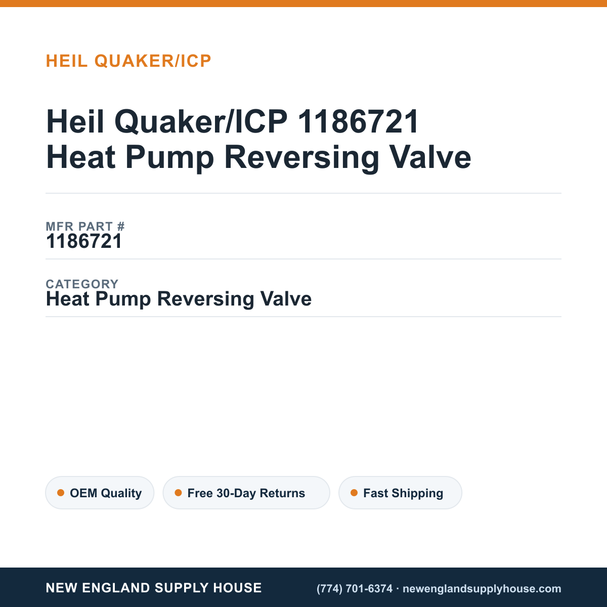 Heil Quaker/ICP 1186721 Heat Pump Reversing Valve — New England Supply House spec card [NESH-SPEC-CARD-V2]