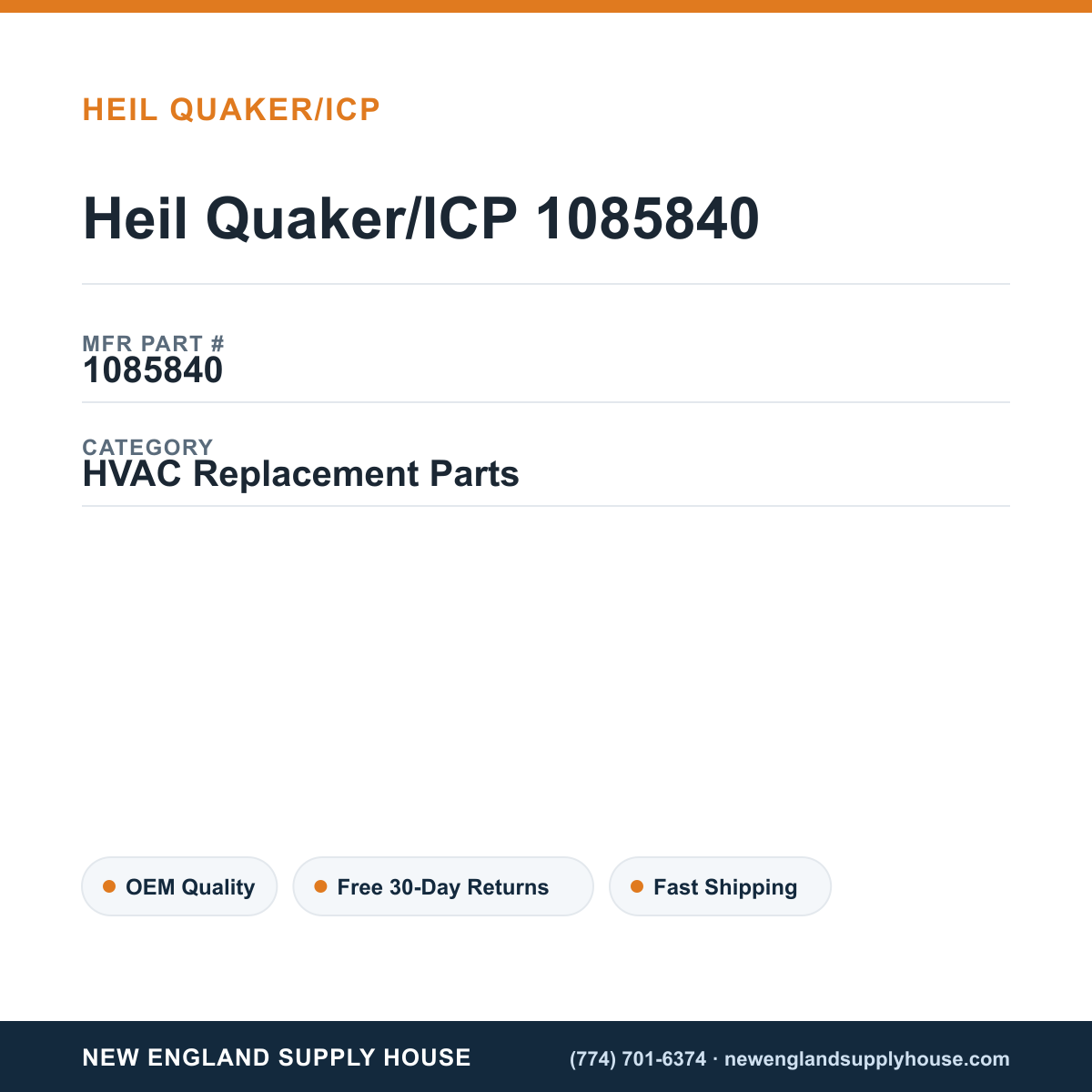 Heil Quaker/ICP 1085840 — New England Supply House spec card [NESH-SPEC-CARD-V2]