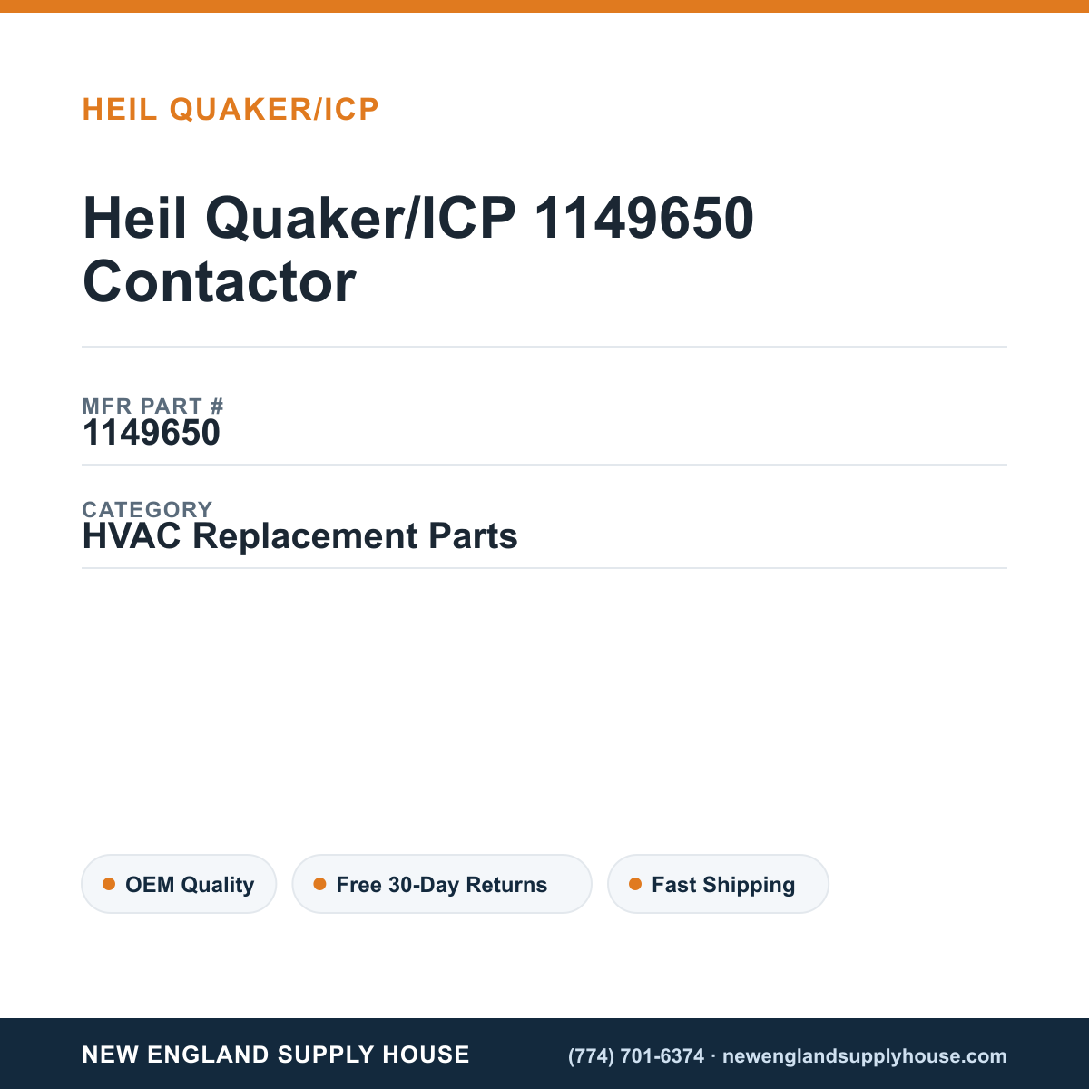Heil Quaker/ICP 1149650 Contactor — New England Supply House spec card [NESH-SPEC-CARD-V2]