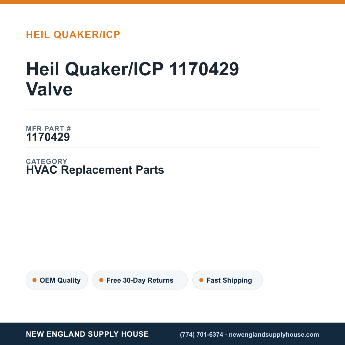 Heil Quaker/ICP 1170429 Valve — New England Supply House spec card [NESH-SPEC-CARD-V2]
