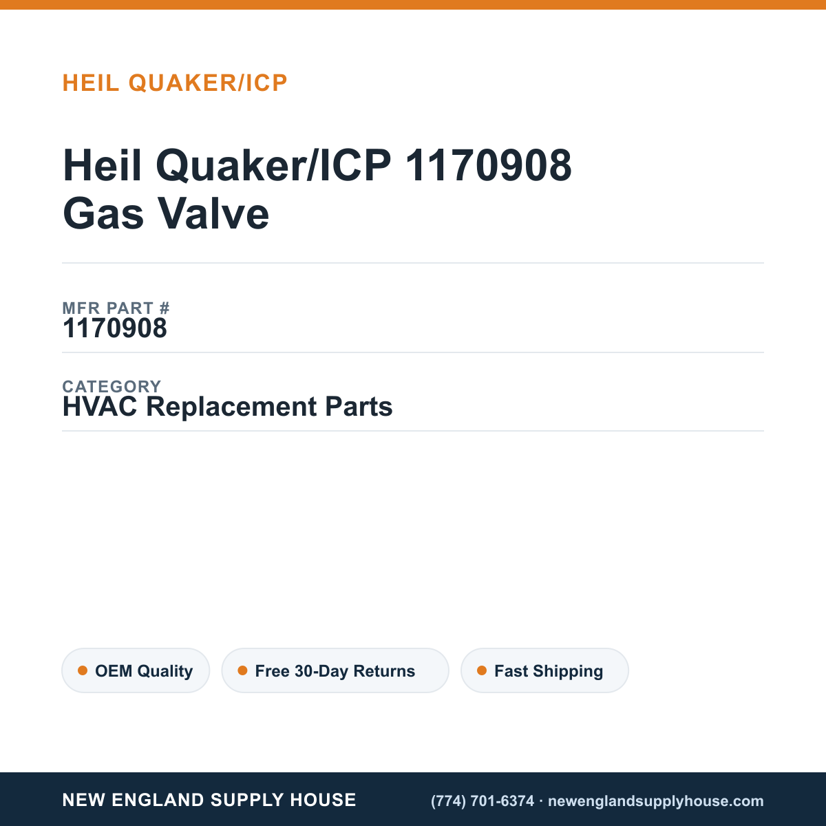 Heil Quaker/ICP 1170908 Gas Valve — New England Supply House spec card [NESH-SPEC-CARD-V2]